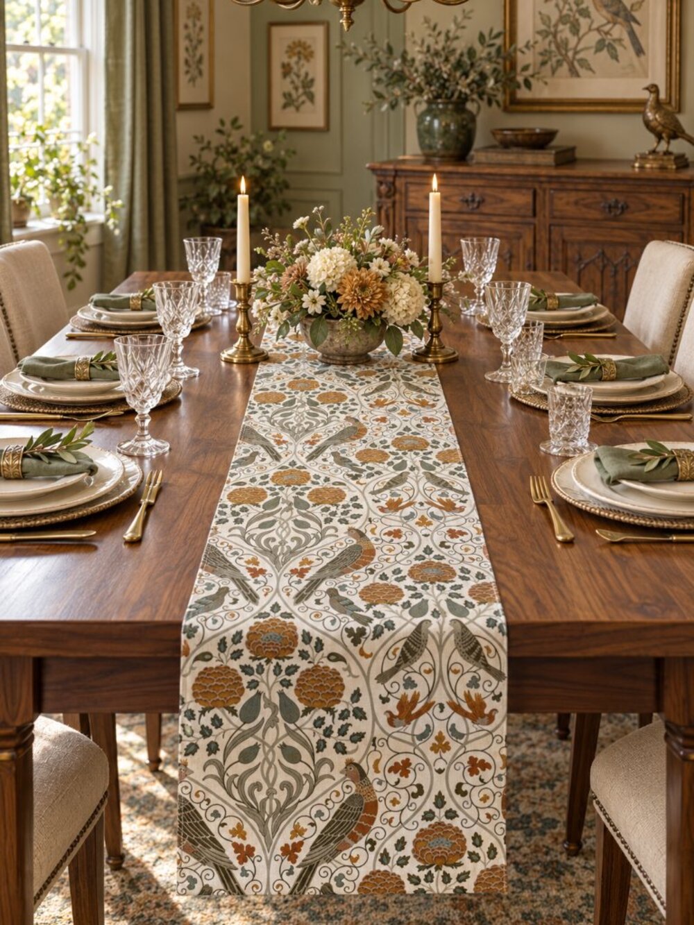 Morris & Co Seasons By May Table Runner 16x90" Bird Floral Reversible Garden